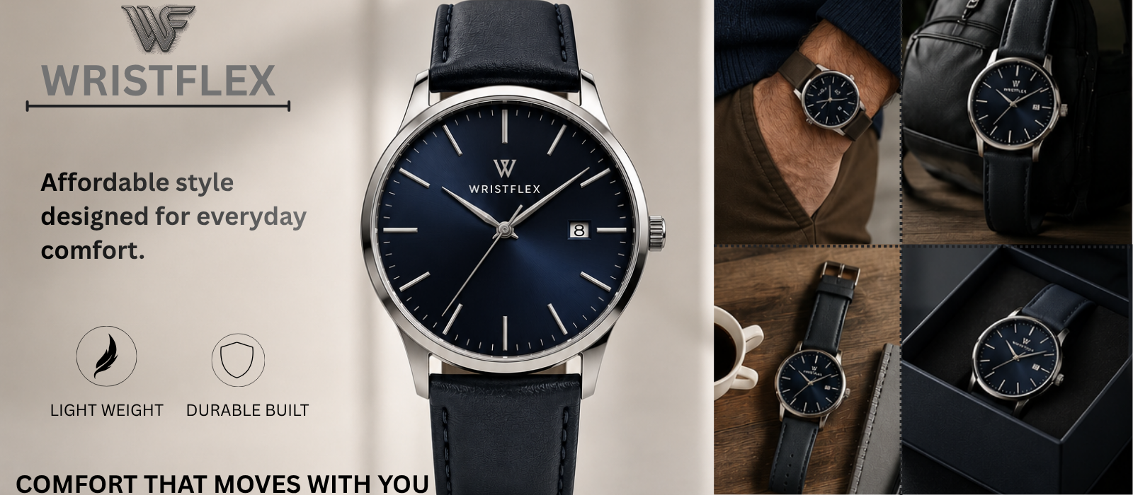 Promotional banner for Wristflex featuring a sleek analog wristwatch with a deep blue dial, silver case, and black leather strap. The design highlights affordability, everyday comfort, lightweight construction, and durable build quality. Additional lifestyle images show the watch being worn, displayed beside a bag, placed on a desk, and presented in a premium gift box.