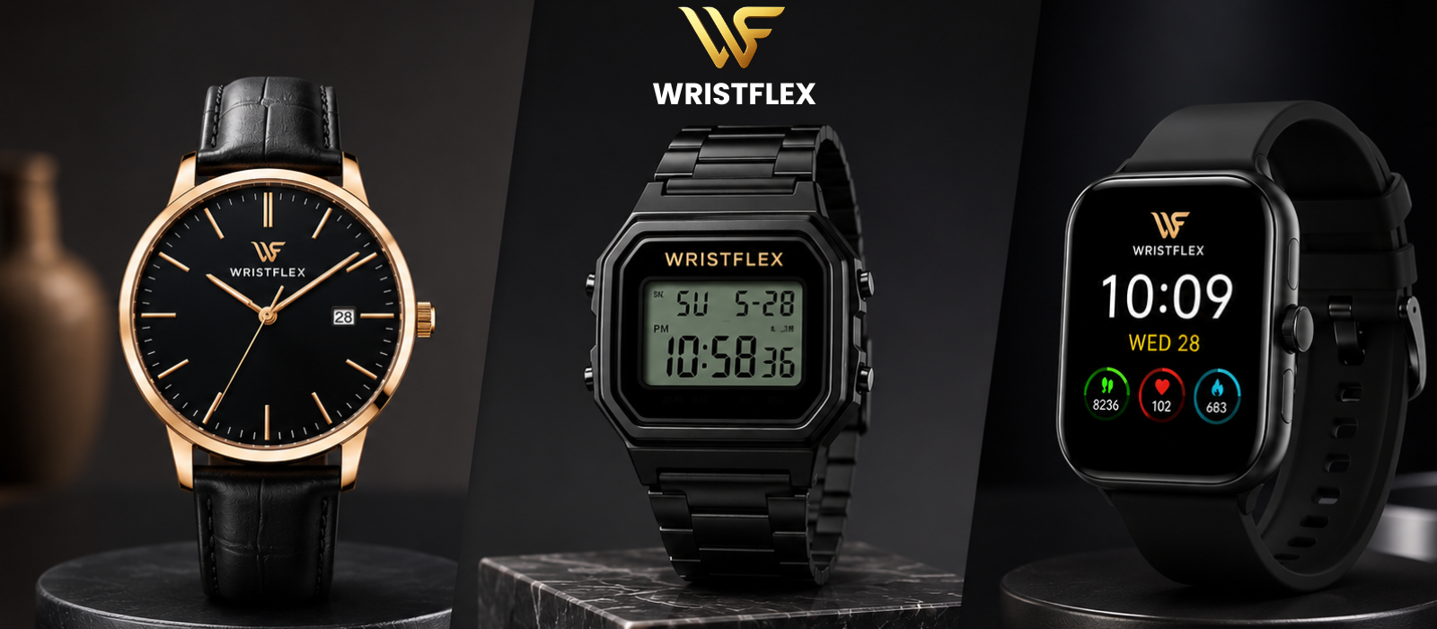 An advertisement banner for "WRISTFLEX" showcases three distinct black watch styles against a dark background under a gold central logo. From left to right, it features a classic analog watch with a gold-rimmed case and black leather strap, a retro-style all-black digital watch with a rectangular screen, and a modern smartwatch with a sleek digital display and black silicone band.