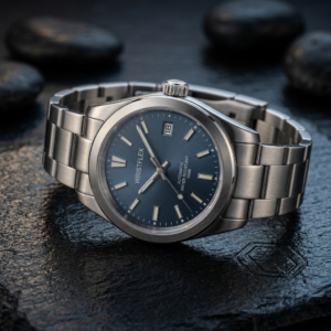 Product infographic of the Wristflex Signature Collection, displaying a premium brushed stainless steel analog watch with a deep blue-grey dial. Black icons with pointer lines mark its premium features, including a Swiss-made automatic movement, sapphire crystal, 100-meter water resistance, and an adjustable quick-release clasp against a solid white background.