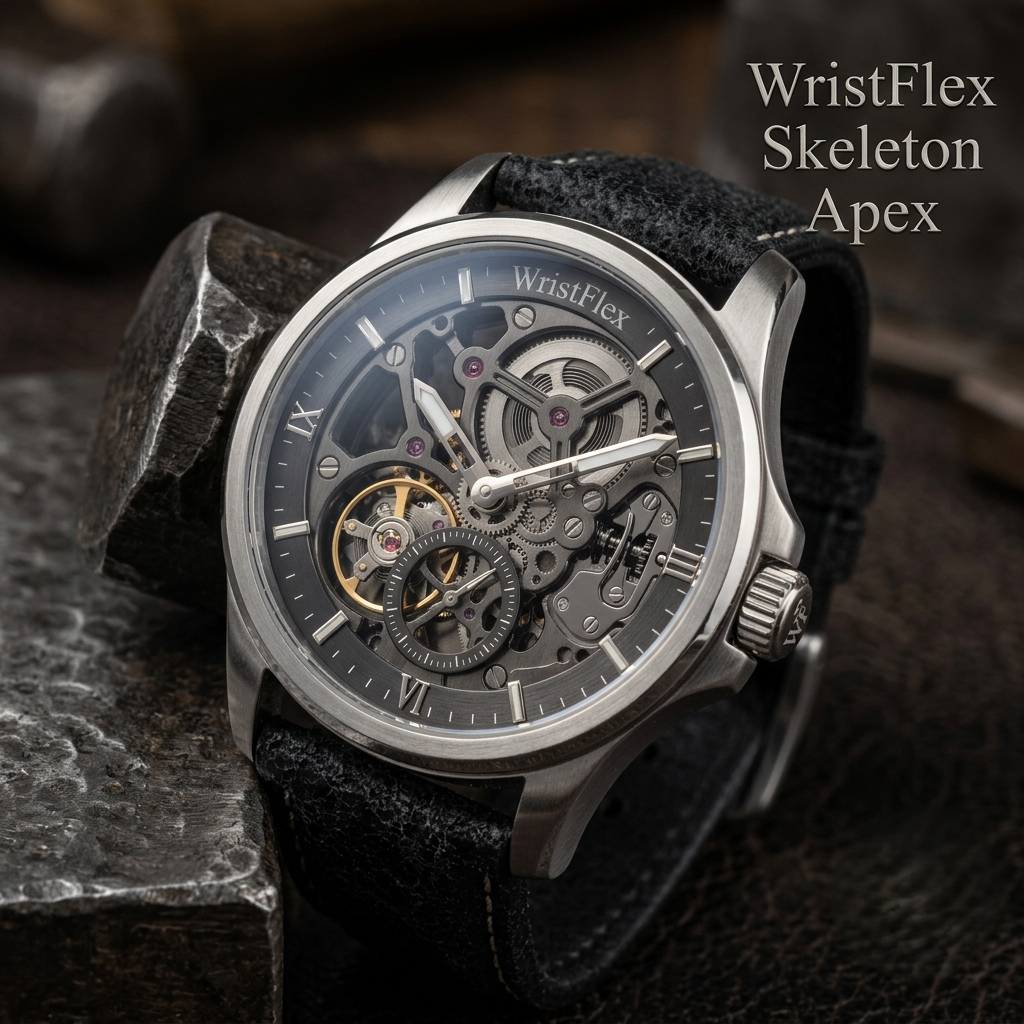 A moody luxury product photograph featuring the WristFlex Skeleton Apex mechanical watch resting against dark, textured metal blocks. The open skeleton dial exposes the complex inner gears and automatic movement, framed by elegant typography in the top-right corner.