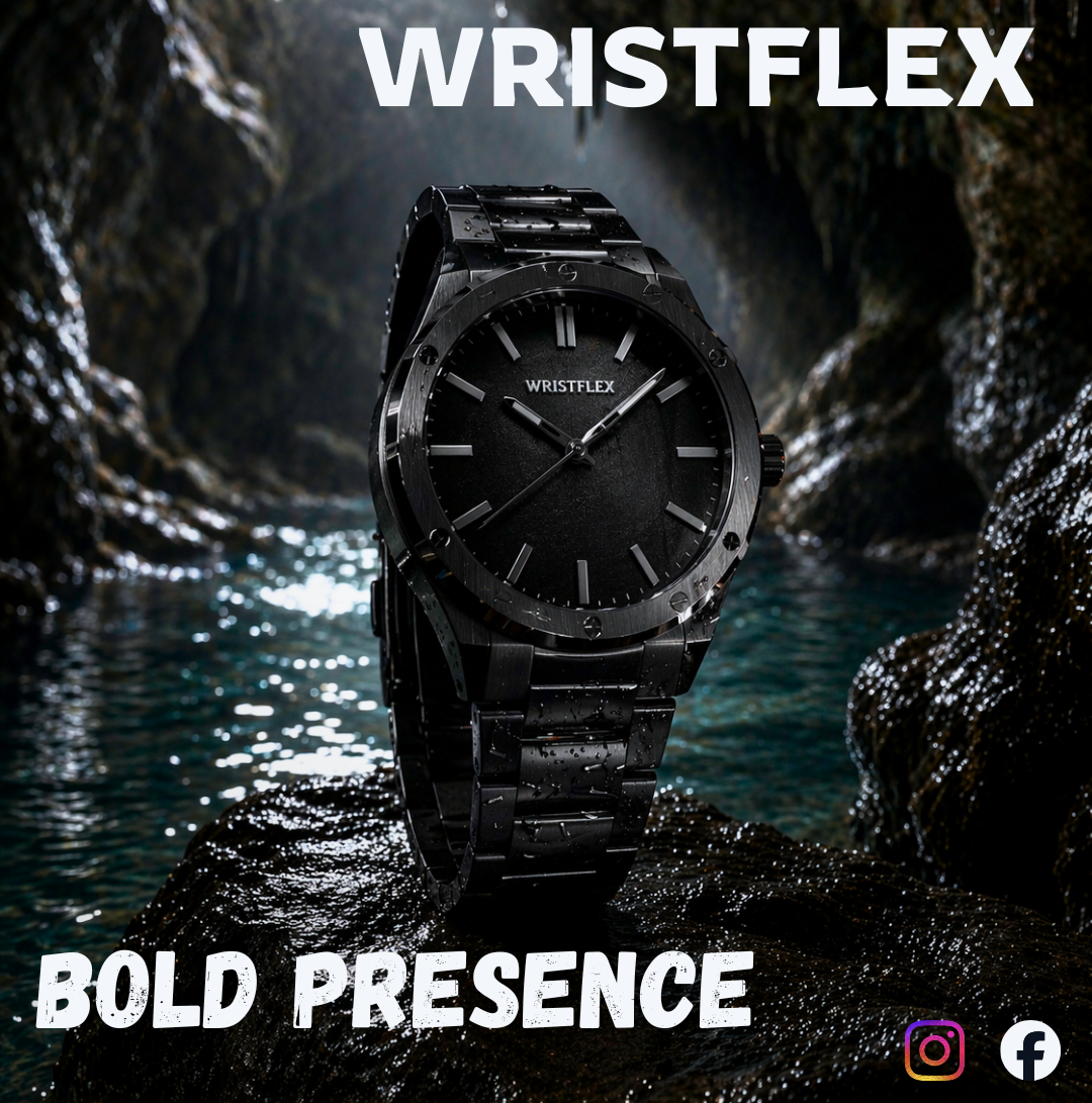 An advertisement for a WRISTFLEX analog watch featuring a sleek, water-droplet-covered all-black design resting on a wet rock inside a cave. The image includes the brand name "WRISTFLEX" at the top, the slogan "BOLD PRESENCE" at the bottom, and small social media icons.