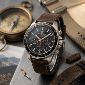 A detailed flat lay of the **Wristflex Fieldmaster Chrono** on a textured surface, featuring its black face, stainless steel case, and rugged brown leather strap. This elegant **chronograph watch** is styled with a vintage brass compass, loose strap pieces, a watch hand, and a mountain photo.