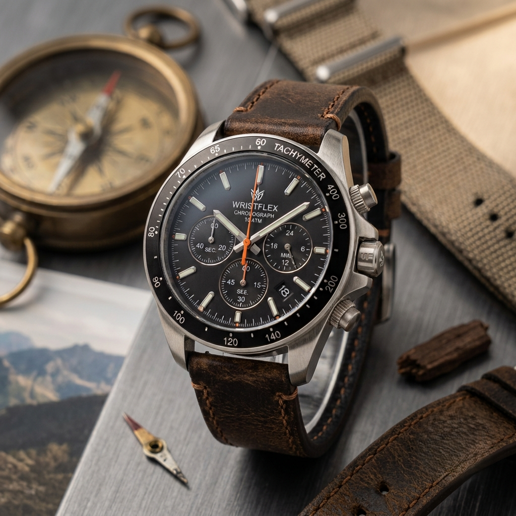 A detailed flat lay of the **Wristflex Fieldmaster Chrono** on a textured surface, featuring its black face, stainless steel case, and rugged brown leather strap. This elegant **chronograph watch** is styled with a vintage brass compass, loose strap pieces, a watch hand, and a mountain photo.