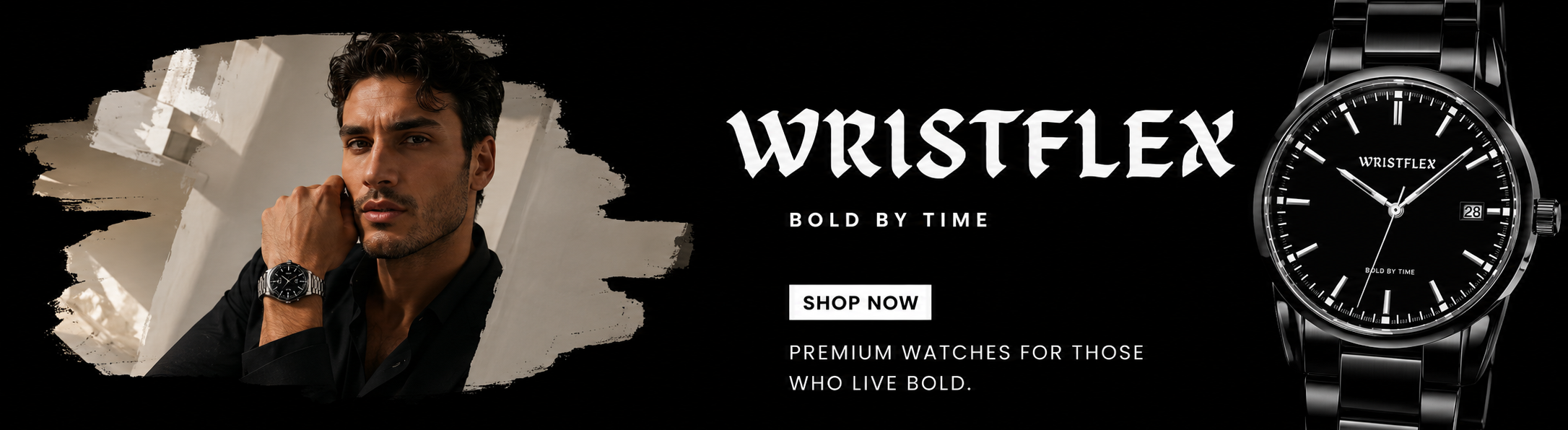 Wristflex watch brand banner featuring a stylish male model wearing a black wristwatch on the left side. The center displays the Wristflex logo with the tagline "Make Time Yours" and a call-to-action button. On the right, a minimalist line-art illustration of a Wristflex watch appears against a black background, creating a modern and premium look.