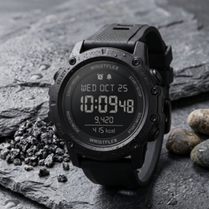 Top-down view of the **Wristflex Stealth Ops** tactical **digital watch** centered on a dark slate background with surrounding feature icons. The inverted LCD display clearly shows the time, date, step count, and calories burned. Text overlays highlight key features including Multi-Function Alarms, Sleep Mode, Calorie Tracking, and Precision Step Tracker.