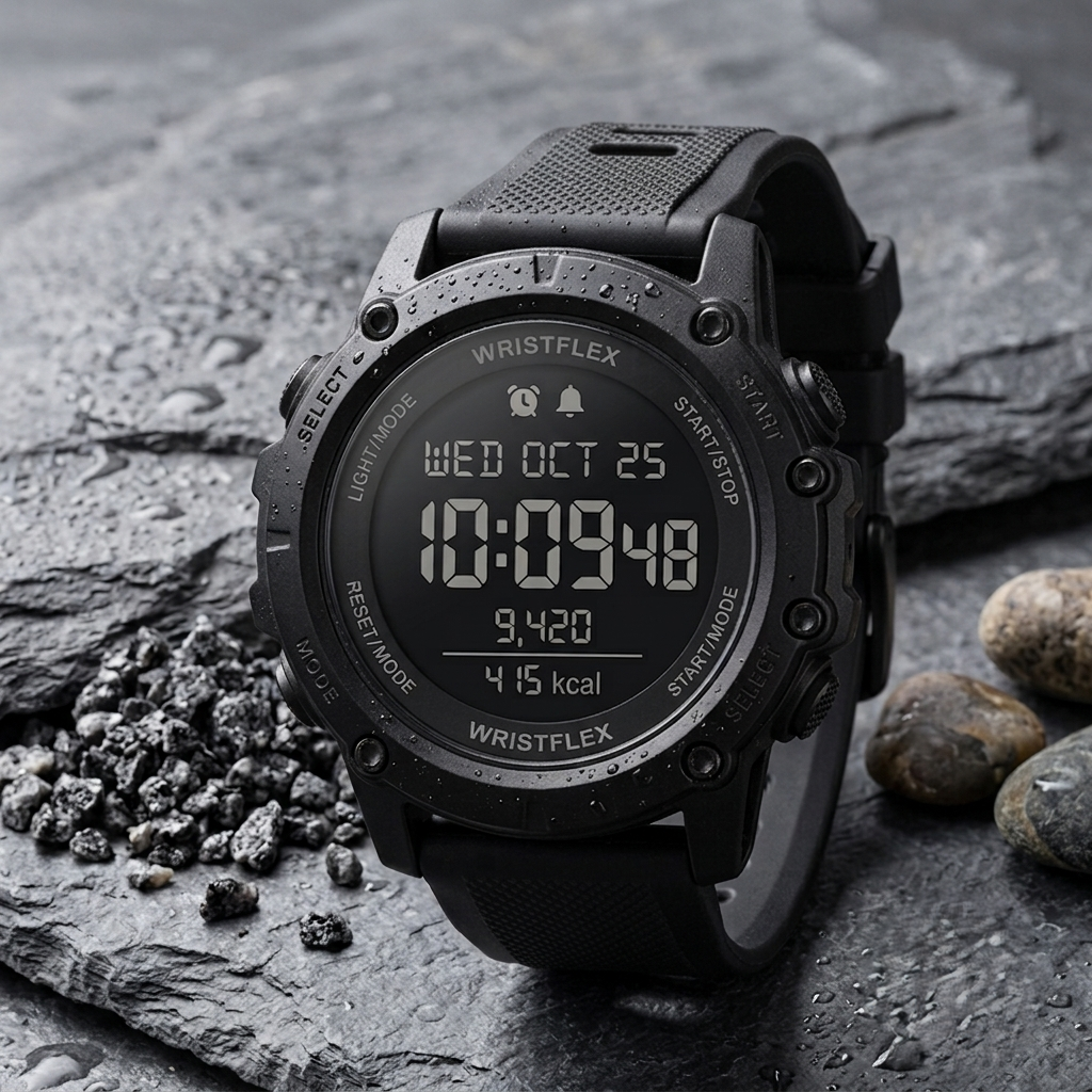 Top-down view of the **Wristflex Stealth Ops** tactical **digital watch** centered on a dark slate background with surrounding feature icons. The inverted LCD display clearly shows the time, date, step count, and calories burned. Text overlays highlight key features including Multi-Function Alarms, Sleep Mode, Calorie Tracking, and Precision Step Tracker.