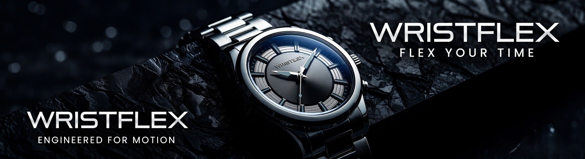 A close-up promotional image of a sleek silver Wristflex analog watch with a stainless steel bracelet. The watch is displayed against a dark, textured background, highlighting its modern design and polished finish. The brand name "WRISTFLEX" and the tagline "Flex Your Time" appear prominently in the image.