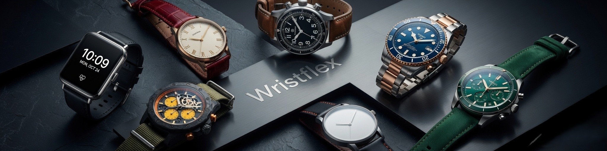 An assortment of seven diverse wristwatches—including a digital smartwatch, a classic dress watch, sports chronographs, and a dive watch—arranged neatly on dark, textured surfaces. The watches are showcased around a central, sleek metal plaque embossed with the brand name "Wristflex."