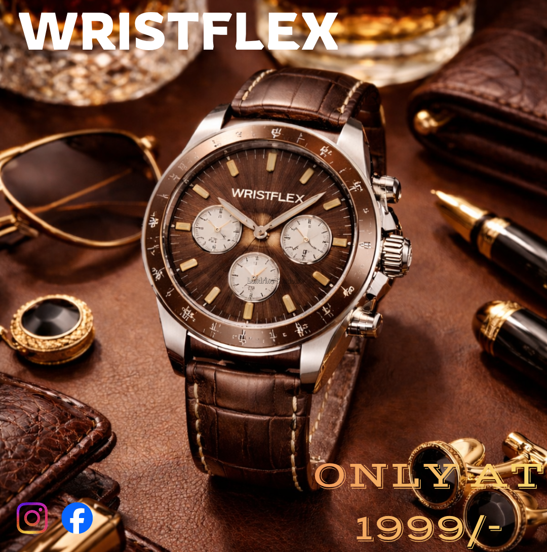 An advertisement for a WRISTFLEX chronograph watch featuring a brown textured face, silver case, and matching brown alligator leather strap. The watch is surrounded by luxury items like sunglasses, a fountain pen, and cufflinks on a leather surface, wth text reading "ONLY AT 1999/-".