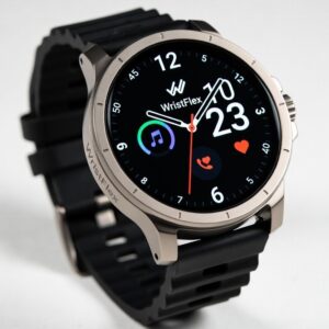A premium, circular WristFlex smart watch featuring a sleek titanium-gray metallic case, a durable black ribbed silicone strap, and a prominent digital interface. The vibrant hybrid display showcases the brand logo alongside integrated fitness and lifestyle widgets, including music controls and a heart rate tracker.