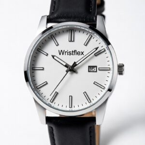 Premium analog watch by Wristflex featuring a white minimalist dial, polished silver stainless steel case, and black leather strap. The analog watch includes a convenient date display, precision quartz movement, and easy-to-read hour markers. A stylish and versatile analog watch designed for everyday wear, business meetings, and special occasions.
