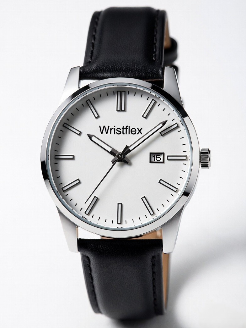 Premium analog watch by Wristflex featuring a white minimalist dial, polished silver stainless steel case, and black leather strap. The analog watch includes a convenient date display, precision quartz movement, and easy-to-read hour markers. A stylish and versatile analog watch designed for everyday wear, business meetings, and special occasions.